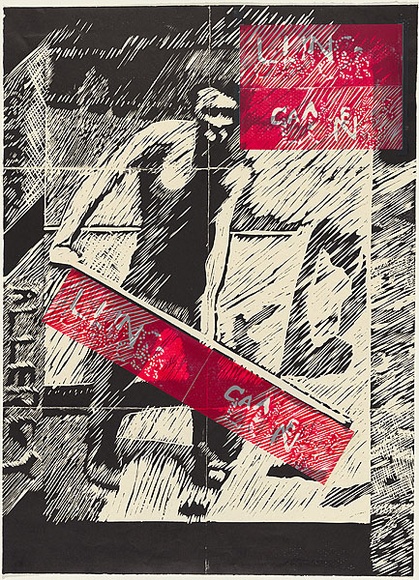 Artist: b'Charuk, Peter.' | Title: bMen's work: 2/lung cancer - father. | Date: 1996 | Technique: b'linocut, printed in colour, from multiple blocks; with collage elements'