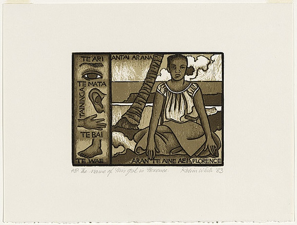Artist: b'White, Robin.' | Title: b'The name of this girl is Florence' | Date: 1983 | Technique: b'woodcut, printed in colour, from four blocks (black and three brown inks)'