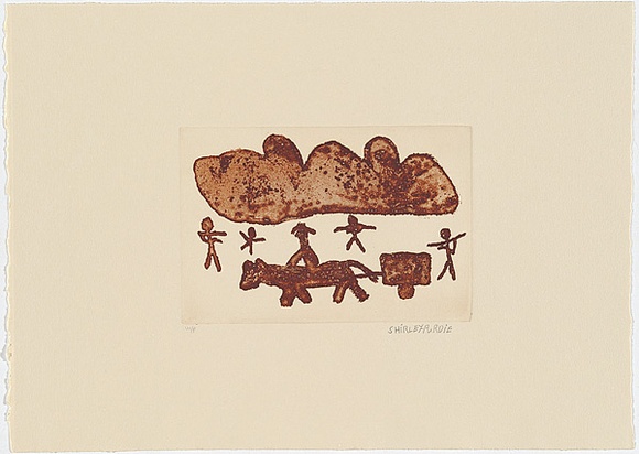 Artist: b'Purdie, Shirley.' | Title: b'not titled [Cowboy on horse with cart, Aboriginal man with spear]' | Date: 1999, June | Technique: b'sugarlift, lump rosin and aquatint, printed in red ochre ink, from one plate'