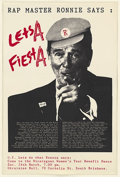 Artist: b'Black Banana Posters.' | Title: b'Rap Master Ronnie says:  Lets A Fiest A.' | Date: 1987 | Technique: b'screenprint, printed in colour, from multiple stencils'