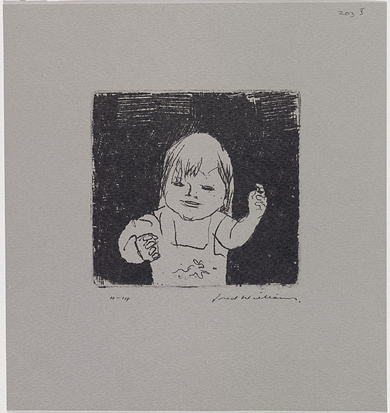 Artist: b'WILLIAMS, Fred' | Title: b'Isobel in her playsuit' | Date: 1964-65 | Technique: b'etching, drypoint, flat biting, counter proof, printed in black ink, from one copper plate' | Copyright: b'\xc2\xa9 Fred Williams Estate'