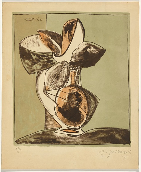 Artist: b'SELLBACH, Udo' | Title: b'(Jug of leaves)' | Date: 1954 | Technique: b'lithograph, printed in colour, from three stones [or plates]'