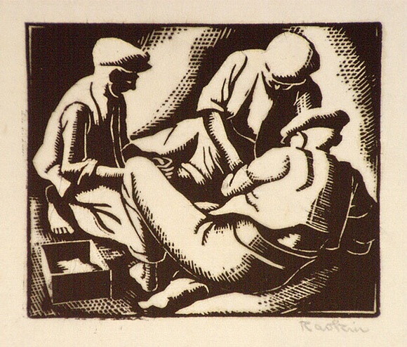Artist: b'Hawkins, Weaver.' | Title: b'(Three men playing cards)' | Date: c.1930 | Technique: b'wood-engraving, printed in brown ink, from one block' | Copyright: b'The Estate of H.F Weaver Hawkins'