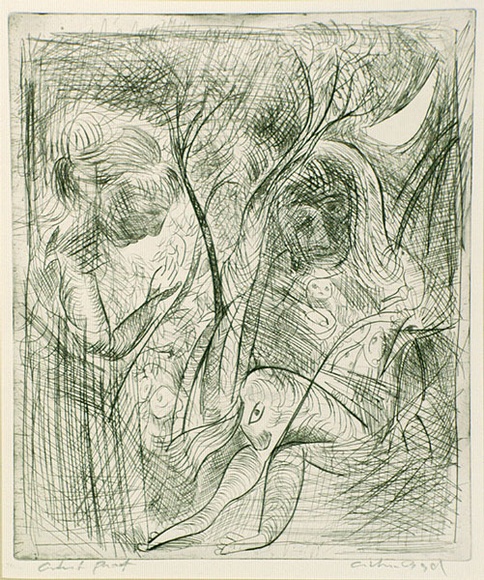 Artist: b'BOYD, Arthur' | Title: b'Quarter moon with tree and two portraits.' | Date: (1962-63) | Technique: b'etching and drypoint, printed in black ink, from one plate' | Copyright: b'Reproduced with permission of Bundanon Trust'