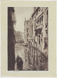 Artist: b'LINDSAY, Lionel' | Title: b'The waiting gondola, Venice' | Date: 1930 | Technique: b'etching, printed in black ink with plate-tone, from one plate' | Copyright: b'Courtesy of the National Library of Australia'