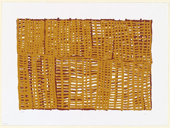 Artist: b'RED HAND PRINT' | Title: b'Basket weave motif - yellow ochre over red ochre' | Date: 1998, 3 July | Technique: b'screenprint, printed in colour, from two stencils'