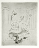 Artist: b'BOYD, Arthur' | Title: b'(Lovers in the basement with landlady on the stairs) [variant VII].' | Date: 1970 | Technique: b'etching, printed in black ink, from one plate' | Copyright: b'Reproduced with permission of Bundanon Trust'
