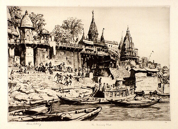 Artist: b'LINDSAY, Lionel' | Title: b'The burning ghat, Benares' | Date: 1930 | Technique: b'drypoint, printed in brown ink, from one plate' | Copyright: b'Courtesy of the National Library of Australia'