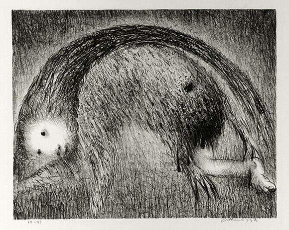 Artist: b'BOYD, Arthur' | Title: b'The Wolf of Gubbio with St Francis in a bent tree.' | Date: (1965) | Technique: b'lithograph, printed in black ink, from one plate' | Copyright: b'Reproduced with permission of Bundanon Trust'