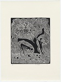 Artist: b'STREET, Mervyn' | Title: b'(Two men and bird)' | Date: 1986 | Technique: b'linocut, printed in black ink, from one block'