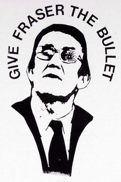 Artist: b'Hirst, Martin.' | Title: b'Give Fraser the bullet' | Date: 1977 | Technique: b'screenprint, printed in black ink, from one stencil'