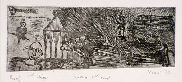 Artist: b'SHEARER, Mitzi' | Title: b'Circus, first part' | Date: 1980 | Technique: b'etching, printed in black ink with plate-tone, from one  plate'