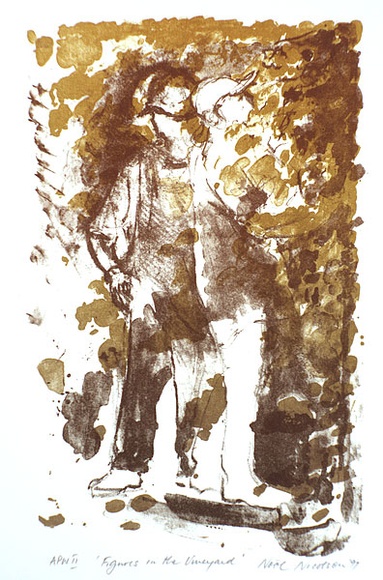 Artist: b'NICOLSON, Noel' | Title: b'Figures in the vineyard' | Date: 1997, July | Technique: b'lithograph, printed in colour, from multiple stones'