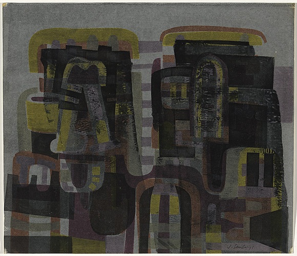 Title: bnot titled  [Study for 'Builders'] | Date: 1963 | Technique: b'screenprint, printed in colour, from multiple stencils'
