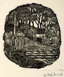 Artist: OGILVIE, Helen | Title: not titled [Path with steps, garden seat, urn and surrounding garden]. | Date: c.1947 | Technique: wood-engraving, printed in black ink, from one block