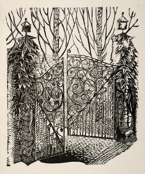 Artist: b'OGILVIE, Helen' | Title: b'not titled [Wrought iron entrance gate, partly opened].' | Date: c.1947 | Technique: b'wood-engraving, printed in black ink, from one block'