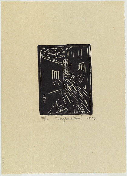 Artist: b'Nguyen, Tuyet Bach.' | Title: b'Tuong lai ve dau? [Where is the future heading?]' | Date: 1990 | Technique: b'linocut, printed in black ink, from one block'