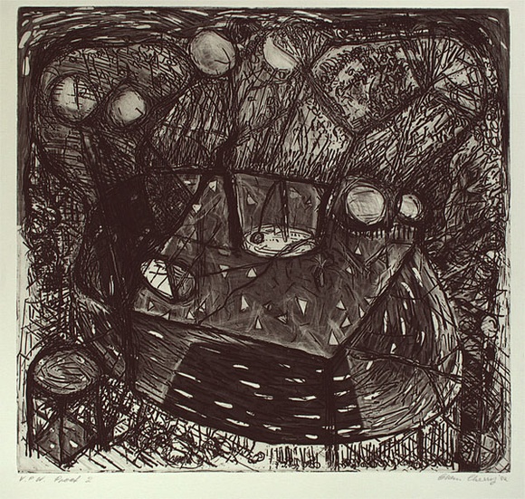 Artist: b'CHERRY, Chris' | Title: b'not titled [black and white linework shapes]' | Date: c.1982 | Technique: b'etching, printed in black ink from one plate'