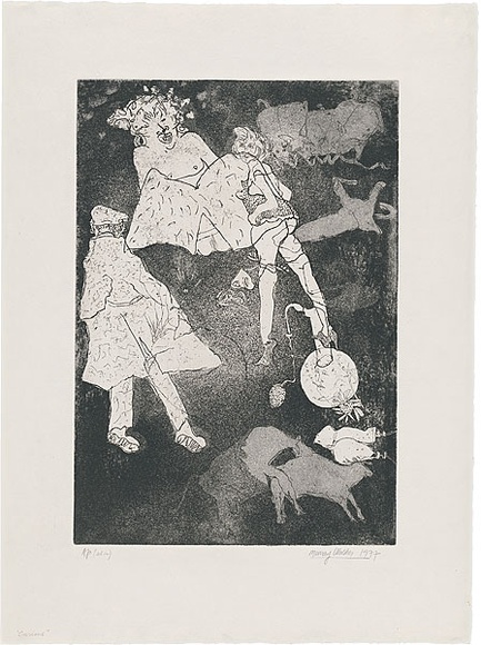 Artist: b'WALKER, Murray' | Title: b'Curious.' | Date: 1977 | Technique: b'etching and aquatint, printed in black ink, from one plate'