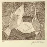 Artist: b'Nargoodah, John.' | Title: b'Brolga and barramundi' | Date: 1994, October - November | Technique: b'etching, printed in black ink, from one plate'