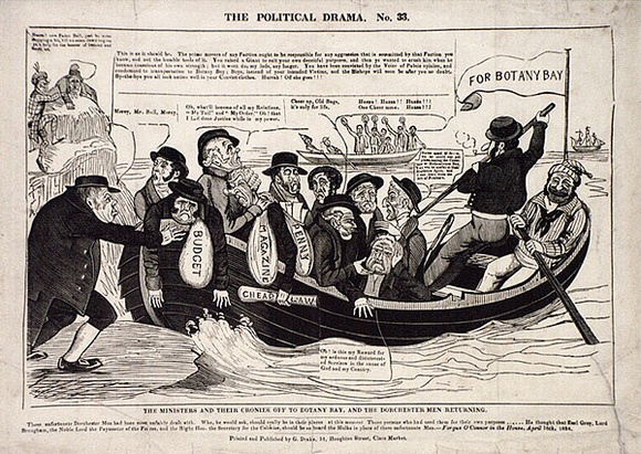 Artist: b'UNKNOWN,' | Title: b'The Ministers and their cronies off to Botany Bay and the Dorchester men returning' | Date: 1834 | Technique: b'woodcut, printed in black ink, from one block'