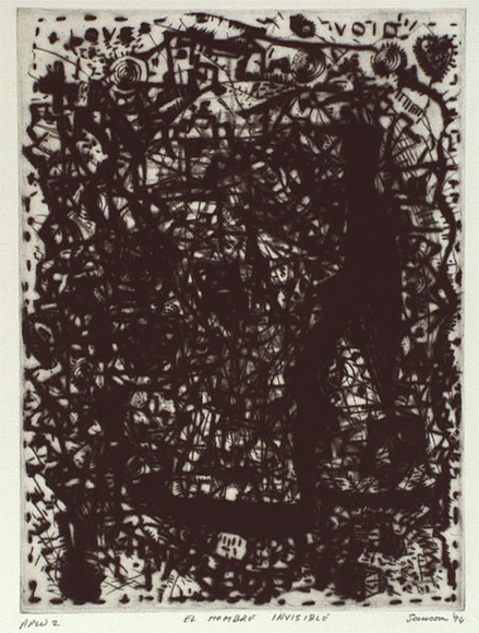 Artist: b'SANSOM, Gareth' | Title: b'El hombre invisible' | Date: 1994, January - March | Technique: b'drypoint and roullette, printed in black ink, from one plate'