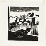 Artist: b'Thorpe, Lesbia.' | Title: b'An urban cat' | Date: 1989 | Technique: b'linocut, printed in black ink, from one block'