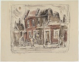Artist: MACQUEEN, Mary | Title: Carlton scene | Date: 1956 | Technique: lithograph, printed in black ink, from one plate; hand-coloured | Copyright: Courtesy Paulette Calhoun, for the estate of Mary Macqueen
