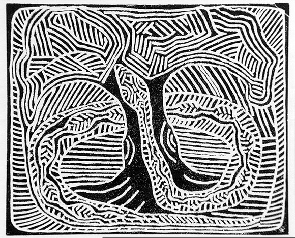 Artist: b'STREET, Mervyn' | Title: b'(Tree and snake)' | Date: 1986 | Technique: b'linocut, printed in black ink, from one block'