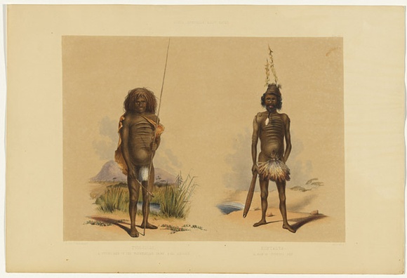 Artist: b'UNKNOWN' | Title: b'Tyilkilli: a young man of the Parnakallah tribe, Port Lincoln; Mintala: a man at Coffins Bay.' | Date: 1846-47 | Technique: b'lithograph, printed in colour, from multiple stones; varnish highlights by brush'