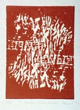 Artist: b'SHEARER, Mitzi' | Title: b'The upside down fence' | Date: 1977 | Technique: b'linocut, printed in red ink, from one block'