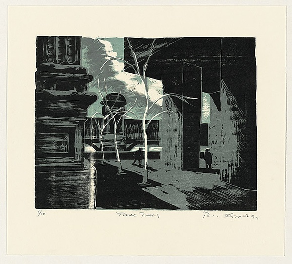 Artist: b'AMOR, Rick' | Title: b'Three trees.' | Date: 1992 | Technique: b'woodcut, printed in black, grey and green ink, from three blocks'