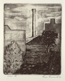 Artist: b'Anceschi, Eros.' | Title: b'not titled [factories and chimney]' | Date: 1986 | Technique: b'etching and aquatint, printed in black ink, from one copper plate'