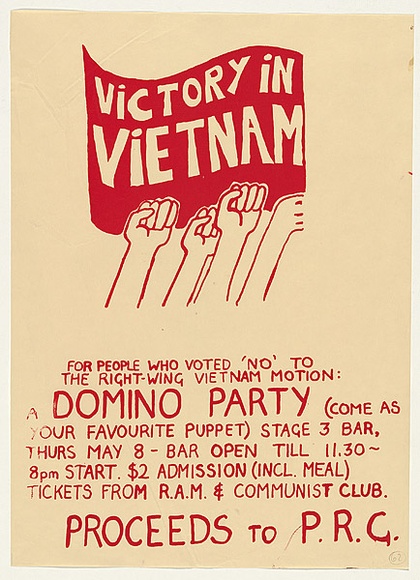 Artist: b'MACKINOLTY, Chips' | Title: b'Victory in Vietnam domino party' | Date: 1975 | Technique: b'screenprint, printed in colour, red ink, from one stencil'