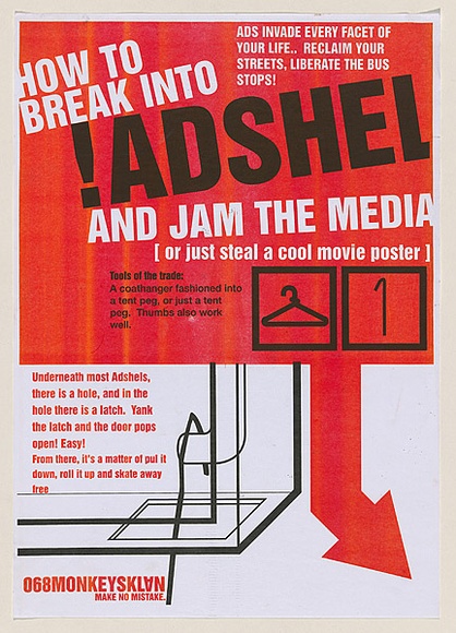 Artist: b'MONKEE,' | Title: b'How to break into Adshel.' | Date: 2003 | Technique: b'risograph, printed in two colours'