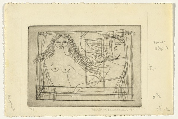 Artist: b'HANRAHAN, Barbara' | Title: b'At the window' | Date: 1960 | Technique: b'etching, printed in black ink, from one plate'