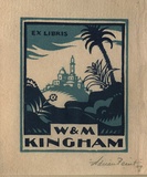 Artist: FEINT, Adrian | Title: Bookplate: W & M Kingham. | Date: (1929) | Technique: wood-engraving, printed in colour, from two blocks in light and dark blue inks | Copyright: Courtesy the Estate of Adrian Feint