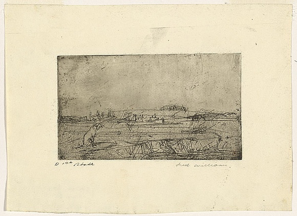 Artist: b'WILLIAMS, Fred' | Title: b'Dog and landscape.' | Date: 1955-56 | Technique: b'etching, drypoint, aquatint, printed in black ink with plate-tone, from one zinc plate' | Copyright: b'\xc2\xa9 Fred Williams Estate'