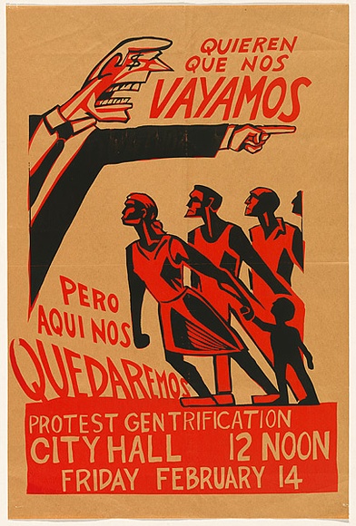 Title: b'not titled [protest gentrification city hall 12 noon]' | Date: c.1985 | Technique: b'screenprint, printed in colour, from multiple stencils'