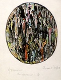 Artist: b'SHEARER, Mitzi' | Title: b'not titled [oval]' | Date: 1977-85 | Technique: b'woodcut, printed in black ink, from one block, hand-coloured, various colour'