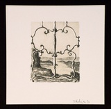 Artist: Keeling, David. | Title: (landscape through wrought-iron). | Date: 1996 | Technique: lithograph, printed in colour, from two stone plates | Copyright: This work appears on screen courtesy of the artist and copyright holder