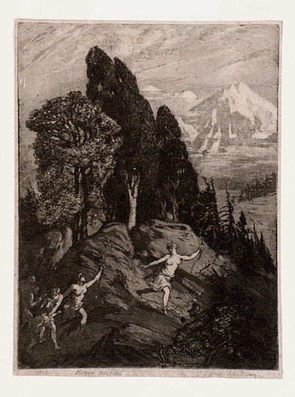 Artist: b'LINDSAY, Lionel' | Title: b'Diana hunting' | Date: 1918-09 | Technique: b'aquatint and etching, printed in warm black ink with plate-tone, from one plate' | Copyright: b'Courtesy of the National Library of Australia'