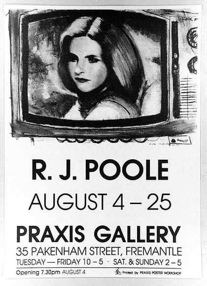 Artist: b'Praxis Poster Workshop.' | Title: b'R.J. Poole, Praxis Gallery' | Technique: b'screenprint, printed in grey ink, from one stencil'