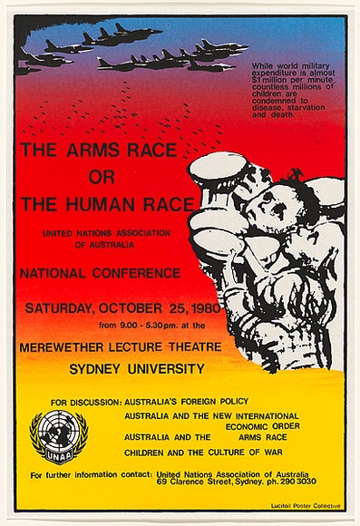 Artist: b'Morrow, David.' | Title: b'The arms race or the human race.' | Date: 1980 | Technique: b'screenprint, printed in red ink, from one stencil'