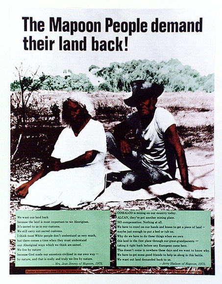 Artist: b'Bolzan, Rick.' | Title: b'The Mapoon people demand their land back!.' | Date: 1975 | Technique: b'offset-lithograph, printed in colour, from multiple plates'