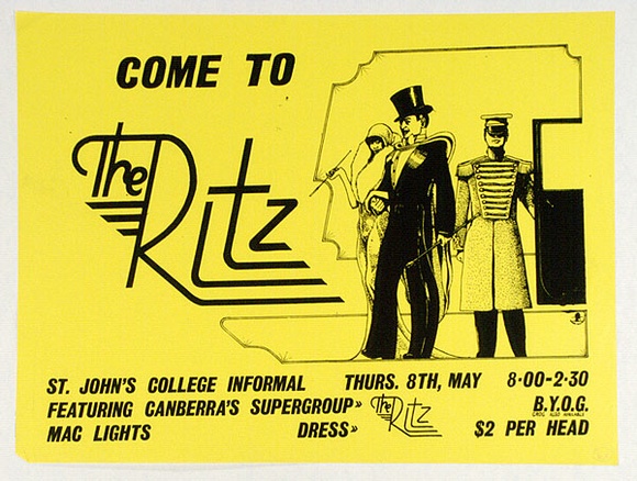 Artist: b'HEPWORTH, John' | Title: bCome to the Ritz; St. John's College Informal featuring Canberra's supergroup Mac Lights. | Date: 1975 | Technique: b'screenprint, printed in black ink, from one stencil'