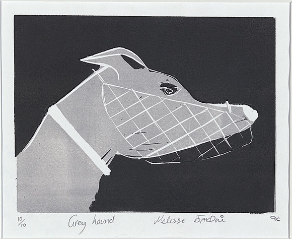 Artist: Victoria College for the Deaf. | Title: Greyhound | Date: 1997 | Technique: linocut, printed in colour, from two blocks (black and grey)