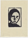 Artist: MADDOCK, Bea | Title: Mask head | Date: 1964 | Technique: woodcut, printed in black ink, from two pine blocks
