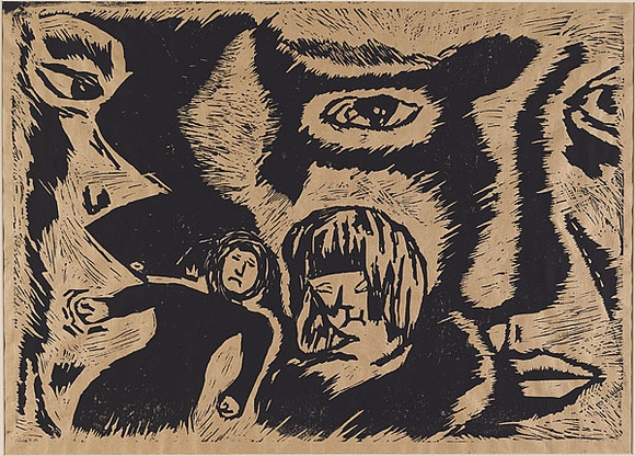 Artist: b'Maulday, Erin.' | Title: b'Faces' | Date: 1994 | Technique: b'linocut, printed in black ink, from one block'