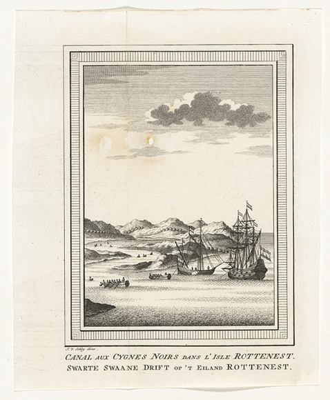 Title: bCanal aux Cygnes Noirs dans l'Isle Rottenest Swarte Swaane drift op't Eiland Rottenest [Black Swan River, Rottnest Island] | Date: 1750 | Technique: b'engraving, printed in black ink, from one copper plate'